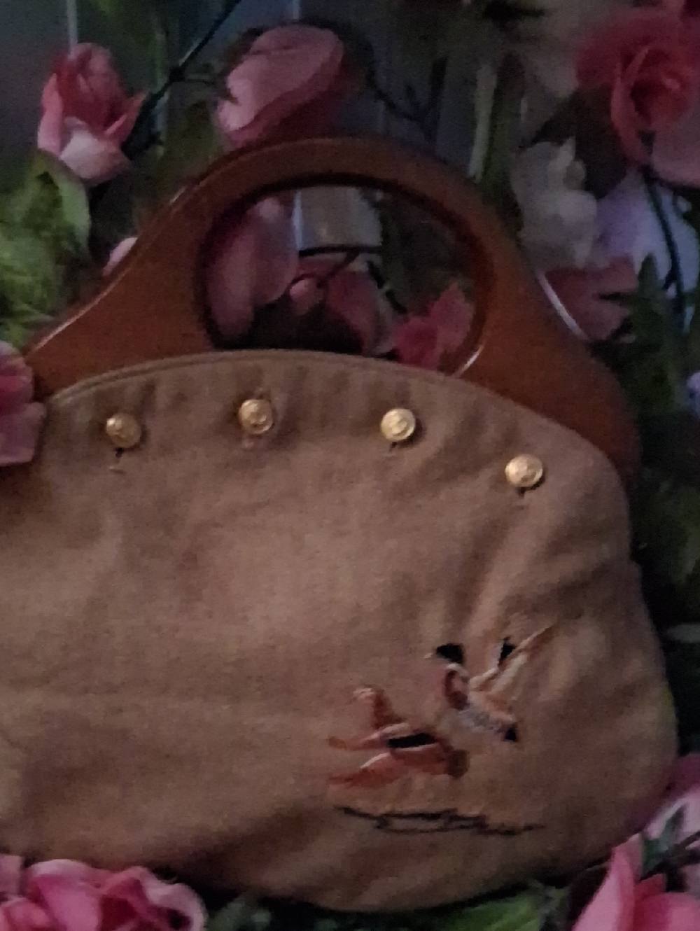 Classic Embroidered Brown Tote Bag with Wooden Handles